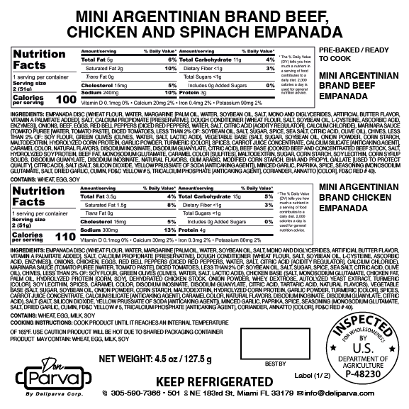 ARGENTINIAN MINI EMPANADAS MIX  Beef, Chicken, Spinach x 5 unit - MASTER BOX  20CT